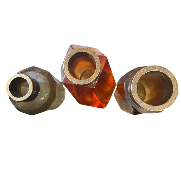 Vintage Amber Glass Bottles w/ Brass Finials | Set of 3 | Heavy Apothecary Decor - Picture 8 of 8